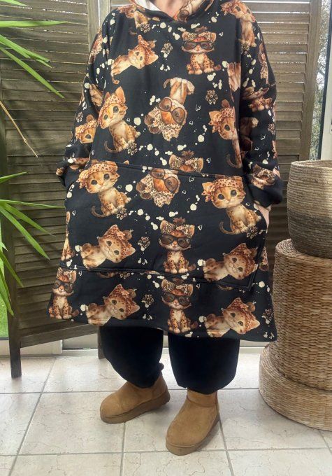 Maxi-sweat polaire à capuche noir Mes Petits Chats Caramel douceur +++++ du 42 au 58/60