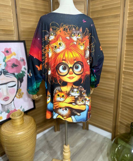 Top manches longues multicolore La Fillette et ses chats du 40 au 52  
