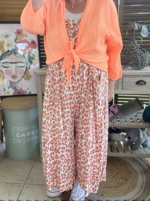 Salopette ample Léopard orange fluo taupe bretelles réglables du 40 au 50/52   