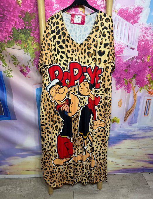 Robe longue trapèze Léopard Popeye et Olive in Love du 40 au 52 