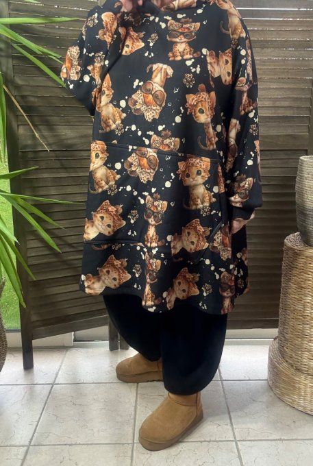 Maxi-sweat polaire à capuche noir Mes Petits Chats Caramel douceur +++++ du 42 au 58/60