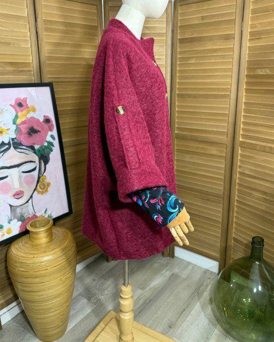Manteau court manches raglan bouclette Bordeaux chiné du 40 au 52/54 et même + 