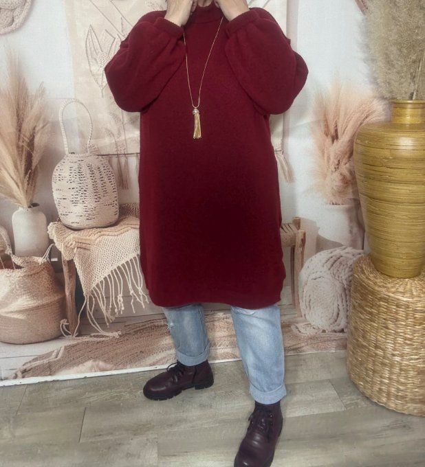 Robe-pull Bordeaux ou maxi-pull col montant cheminée douceur ++++ du 40 au 50/52