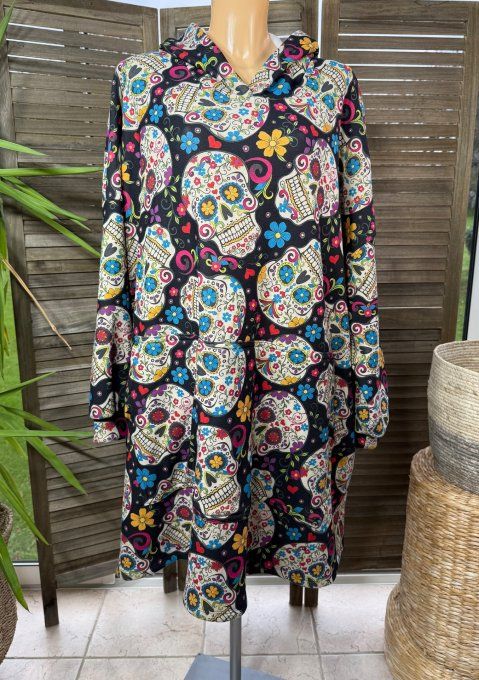 Maxi-sweat polaire à capuche Mexican Skulls Calaveras douceur +++++ du 42 au 58/60