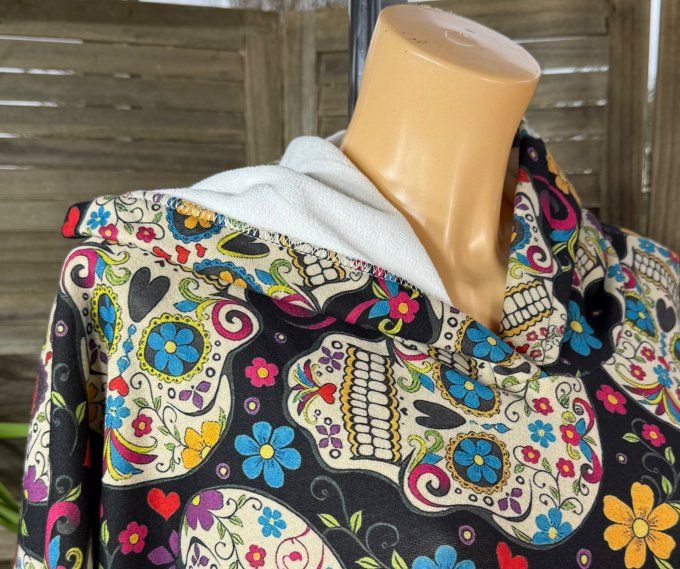 Maxi-sweat polaire à capuche Mexican Skulls Calaveras douceur +++++ du 42 au 58/60