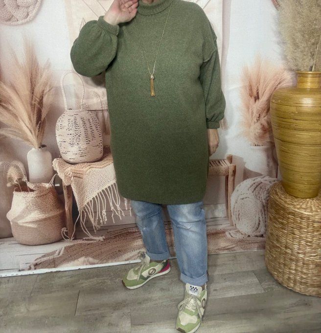Robe-pull Kaki ou maxi-pull col montant cheminée douceur ++++ du 40 au 50/52 