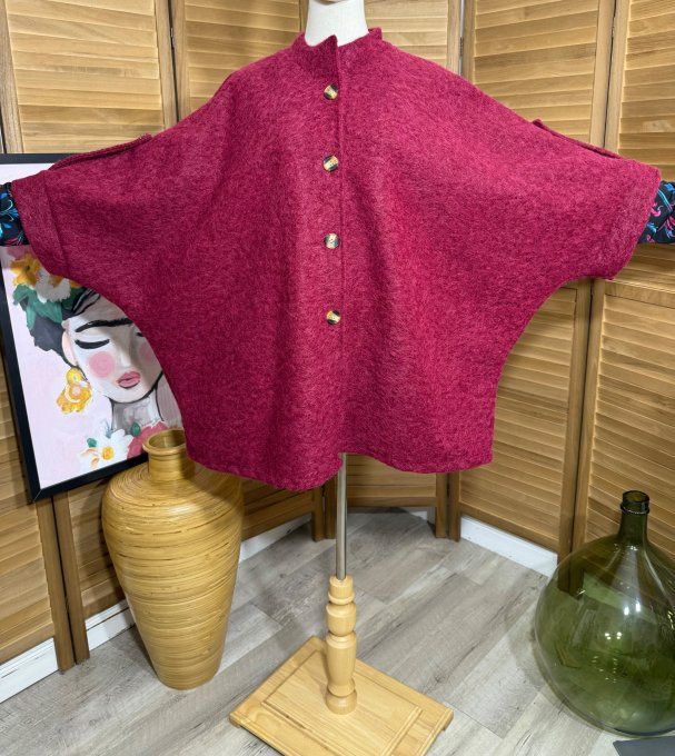 Manteau court manches raglan bouclette Bordeaux chiné du 40 au 52/54 et même + 