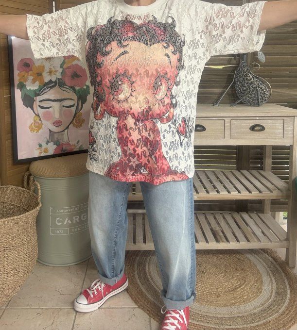 Top ample dentelle blanche Betty Boop Pinup rétro du 36 au 46