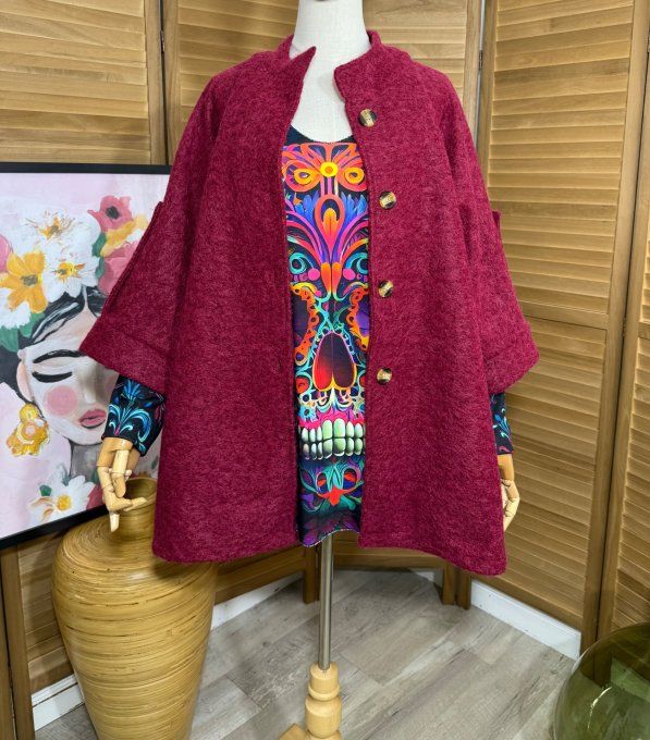 Manteau court manches raglan bouclette Bordeaux chiné du 40 au 52/54 et même + 