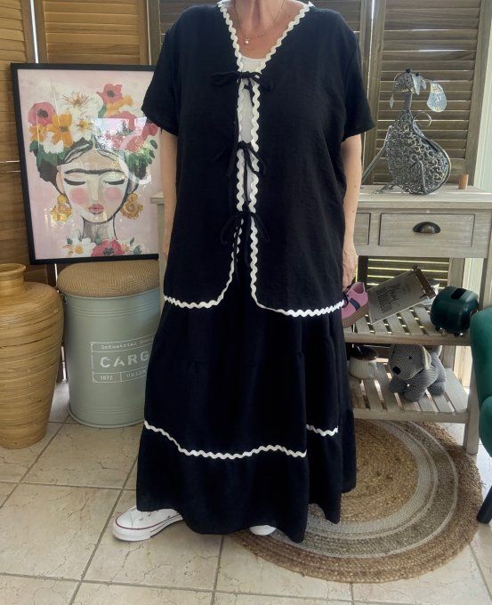 Ensemble noir jupe longue ample + blouse effet lin croquet blanc du 42 au 48/50