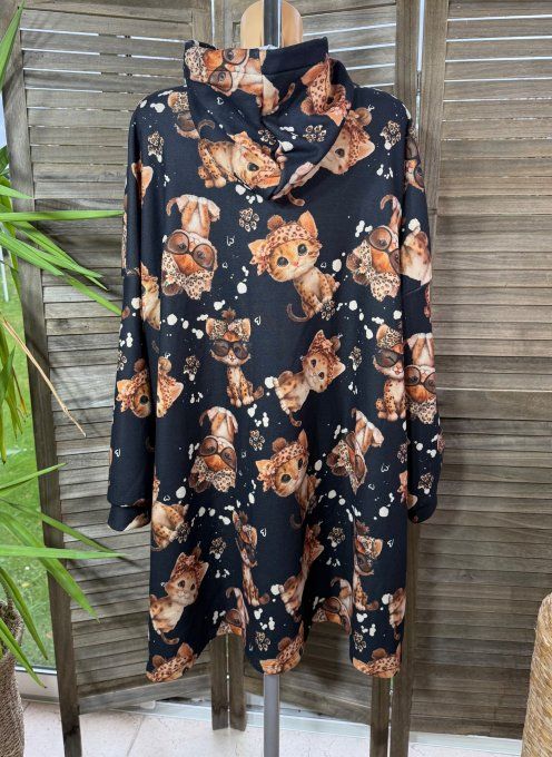 Maxi-sweat polaire à capuche noir Mes Petits Chats Caramel douceur +++++ du 42 au 58/60