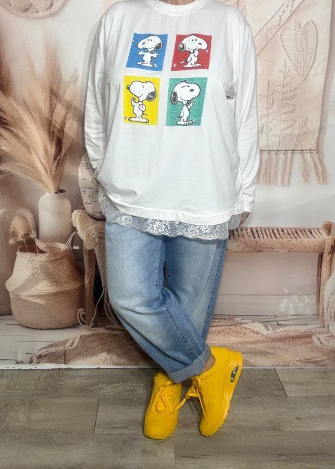 Top blanc ample Snoopy Quadricolore Strass diamants & Dentelle du 38 au 48/50  