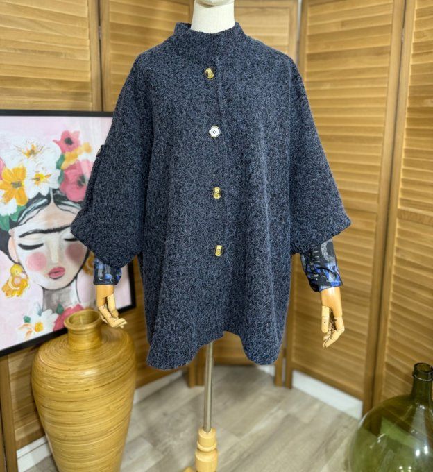 Manteau court manches raglan bouclette Marine chiné du 40 au 52/54 et même + 