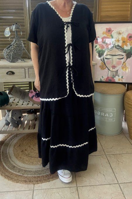 Ensemble noir jupe longue ample + blouse effet lin croquet blanc du 42 au 48/50