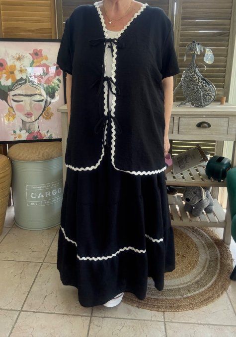 Ensemble noir jupe longue ample + blouse effet lin croquet blanc du 42 au 48/50