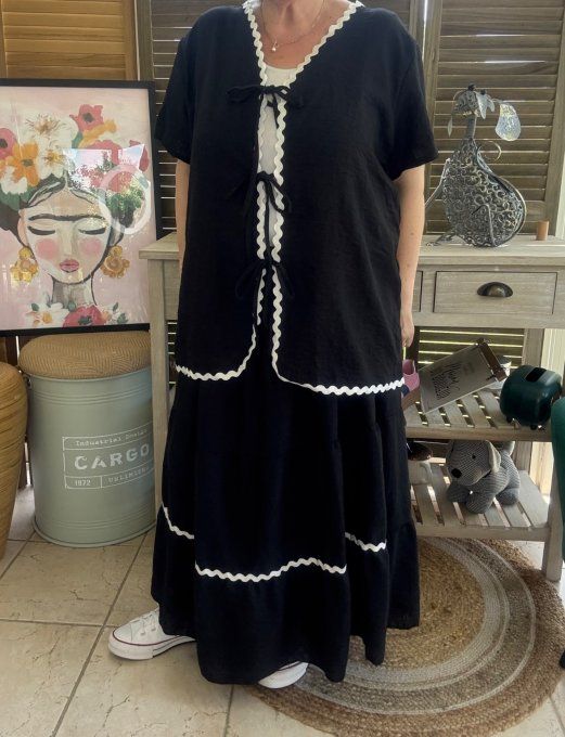 Ensemble noir jupe longue ample + blouse effet lin croquet blanc du 42 au 48/50