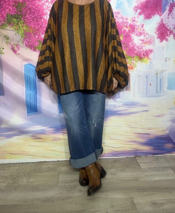 Pull fin oversize manches chauve-souris rayé Moutarde Chocolat Douceur +++ du 42 au 56/58