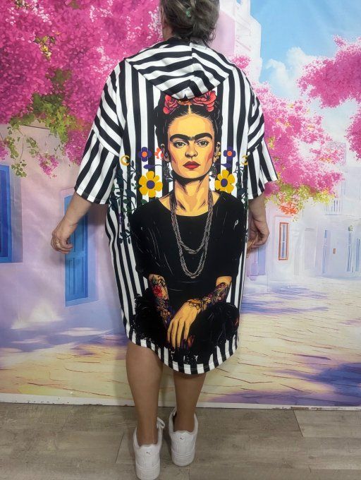 Robe à capuche ample blanche  rayée noire Viva Tattoo Frida Kahlo  du 42 au 54/56