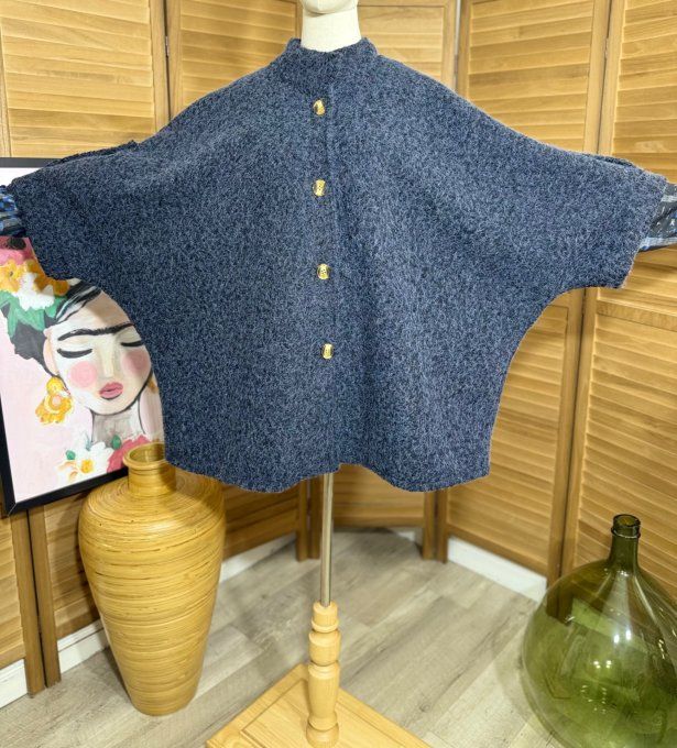 Manteau court manches raglan bouclette Marine chiné du 40 au 52/54 et même + 