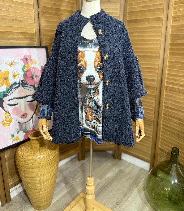 Manteau court manches raglan bouclette Marine chiné du 40 au 52/54 et même + 