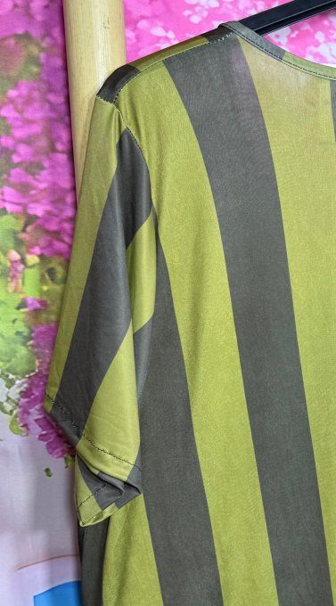 Robe longue trapèze rayée Olive et chocolat Le Tigre au noeud à pois du 40 au 52 