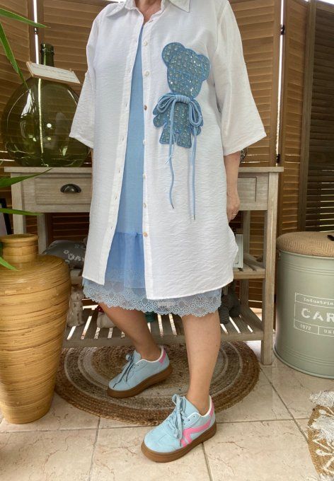 Chemise longue trapèze blanche My Blue Teddy Bear lacets du 36 au 46