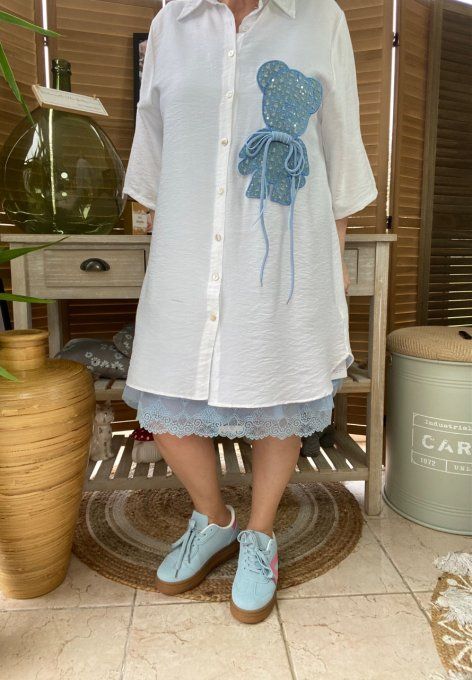 Chemise longue trapèze blanche My Blue Teddy Bear lacets du 36 au 46