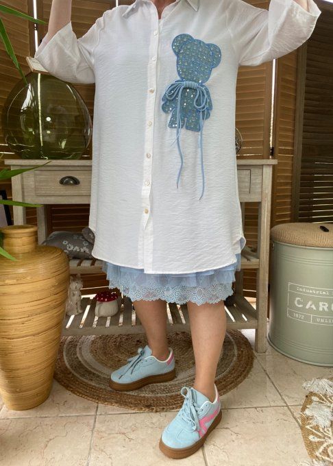 Chemise longue trapèze blanche My Blue Teddy Bear lacets du 36 au 46