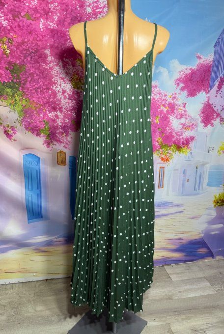 Robe à bretelles longue plissée Kaki pois blancs  douceur ++++ du 40 au 54/56 