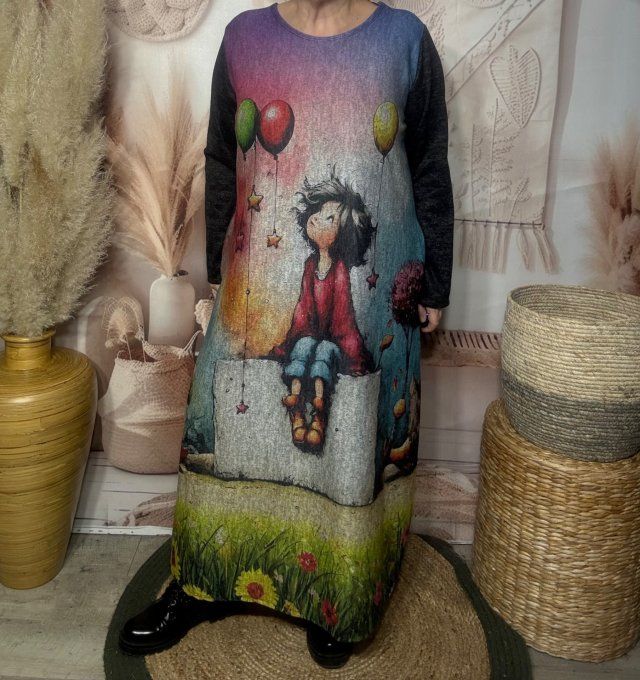 Robe longue trapèze chinée La Fillette rêveuse aux ballons + tour de cou assorti du 40 au 50