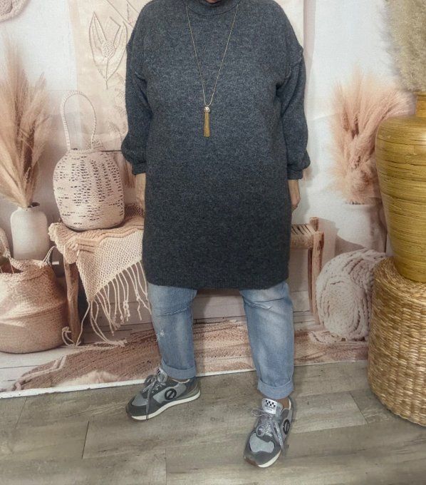 Robe-pull gris souris ou maxi-pull col montant cheminée douceur ++++ du 40 au 50/52