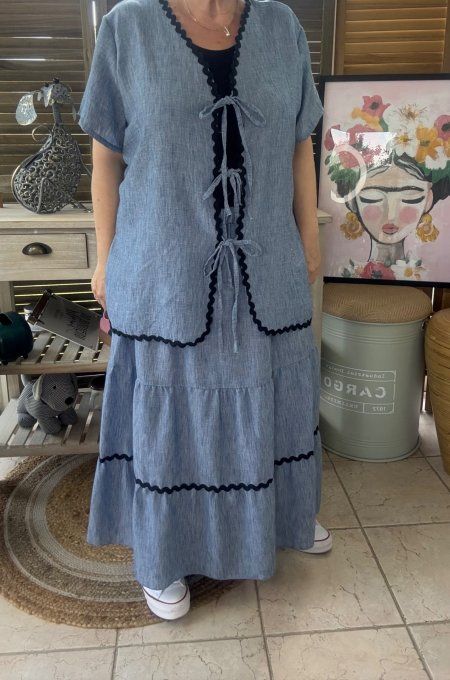 Ensemble bleu jeans chiné  jupe longue ample + blouse effet lin croquet noir du 42 au 48/50