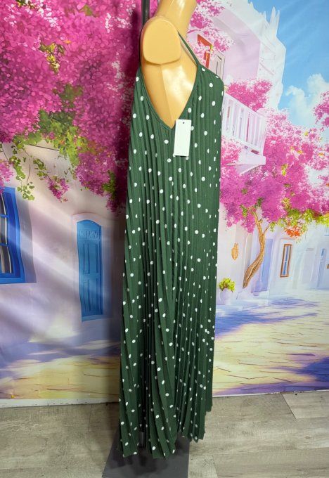 Robe à bretelles longue plissée Kaki pois blancs  douceur ++++ du 40 au 54/56 