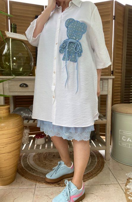 Chemise longue trapèze blanche My Blue Teddy Bear lacets du 36 au 46