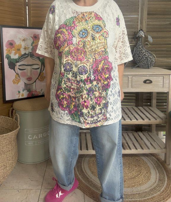 Top ample dentelle blanche Mexican Skulls Calaveras du 36 au 46  