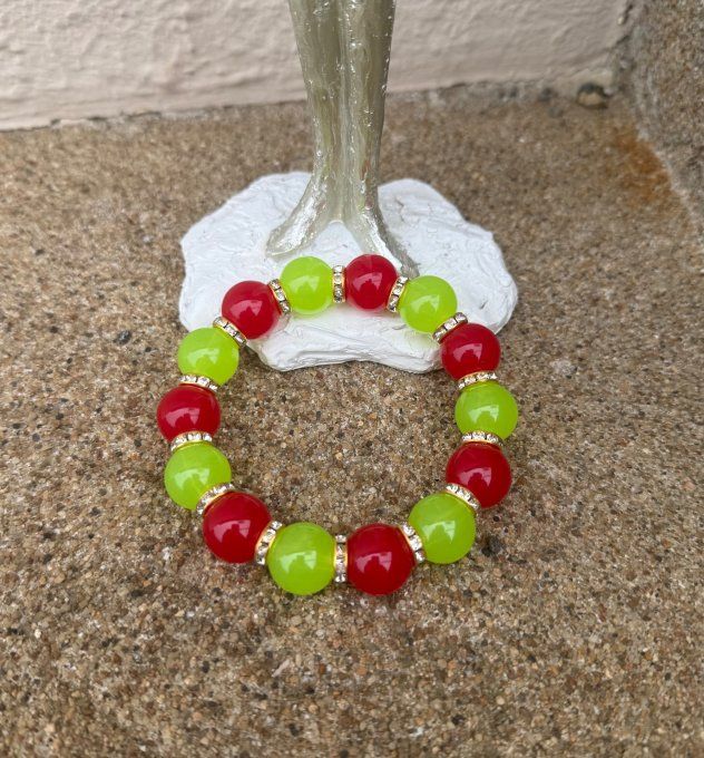 Bracelet ARTISANAL UNIQUE extensible vert pomme et rouge apprêts strass dorés TOUTES TAILLES