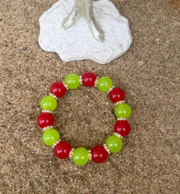 Bracelet ARTISANAL UNIQUE extensible vert pomme et rouge apprêts strass dorés TOUTES TAILLES