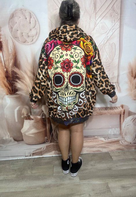 Sweat à capuche long léopard Mexican Skulls Calavera paillettes argentées du 40 au 50/52 