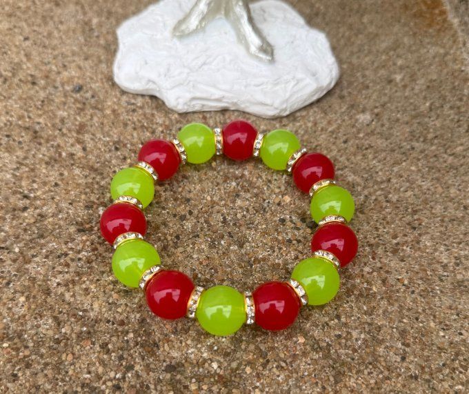 Bracelet ARTISANAL UNIQUE extensible vert pomme et rouge apprêts strass dorés TOUTES TAILLES