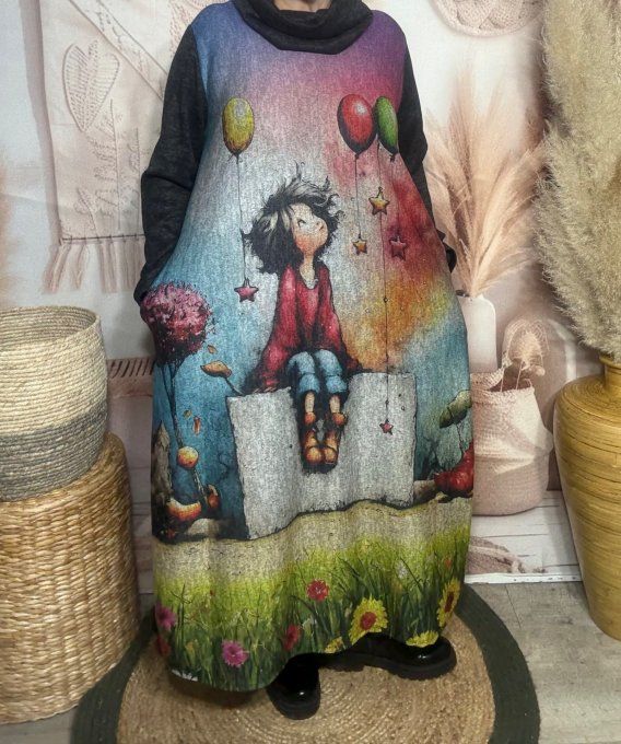 Robe longue trapèze chinée La Fillette rêveuse aux ballons + tour de cou assorti du 40 au 50