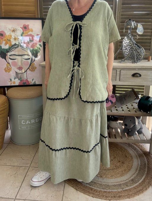 Ensemble kaki clair jupe longue ample + blouse effet lin croquet noir du 42 au 48/50