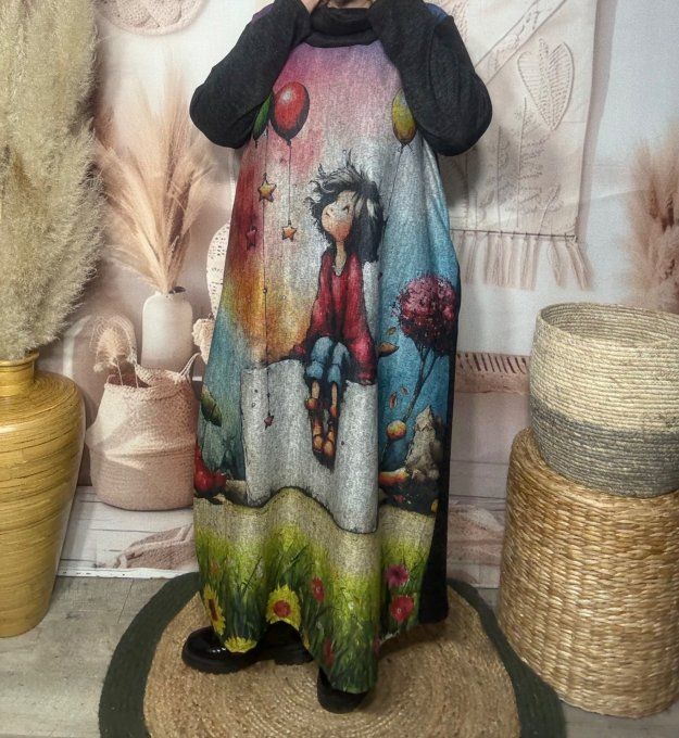 Robe longue trapèze chinée La Fillette rêveuse aux ballons + tour de cou assorti du 40 au 50