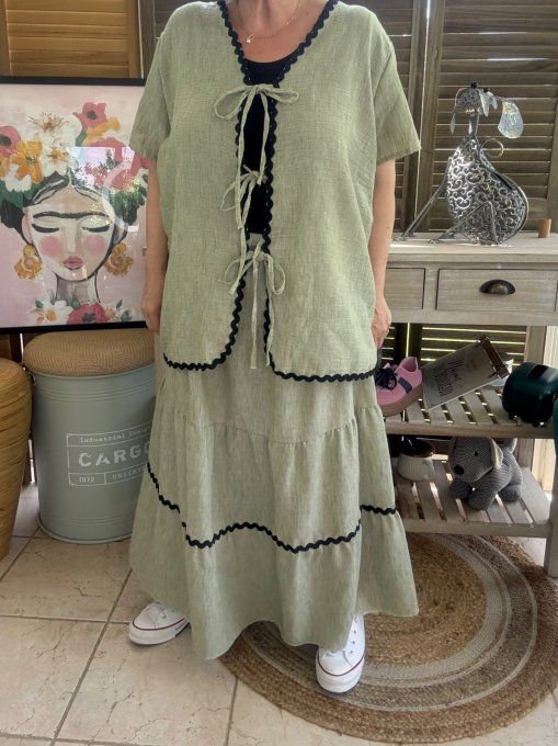 Ensemble kaki clair jupe longue ample + blouse effet lin croquet noir du 42 au 48/50