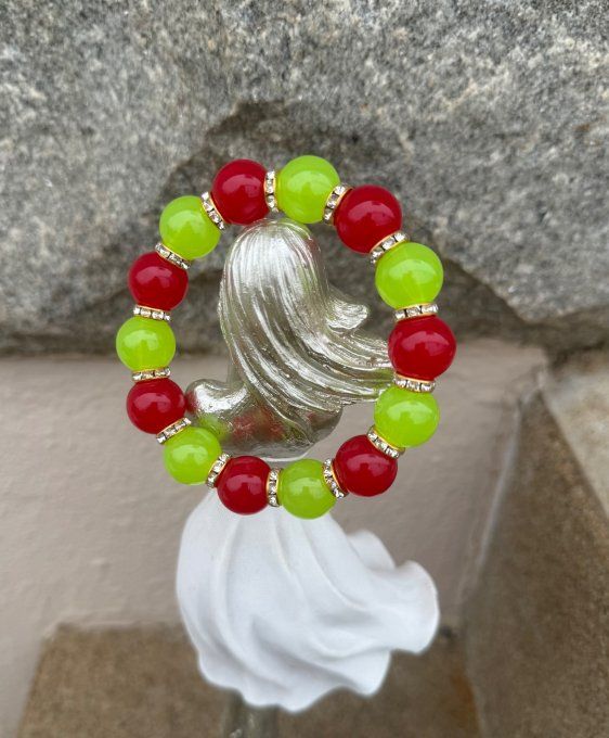 Bracelet ARTISANAL UNIQUE extensible vert pomme et rouge apprêts strass dorés TOUTES TAILLES