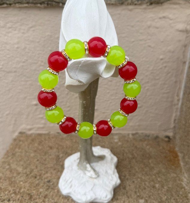 Bracelet ARTISANAL UNIQUE extensible vert pomme et rouge apprêts strass dorés TOUTES TAILLES