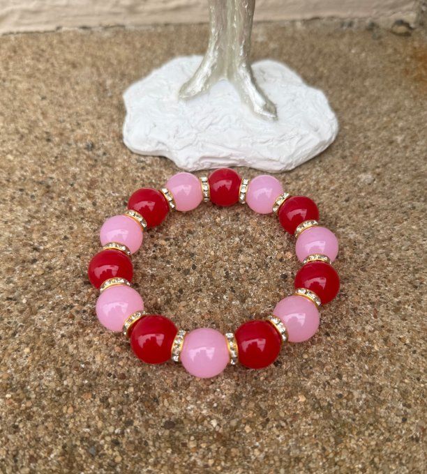 Bracelet ARTISANAL UNIQUE extensible rose poudré et rouge apprêts strass dorés TOUTES TAILLES
