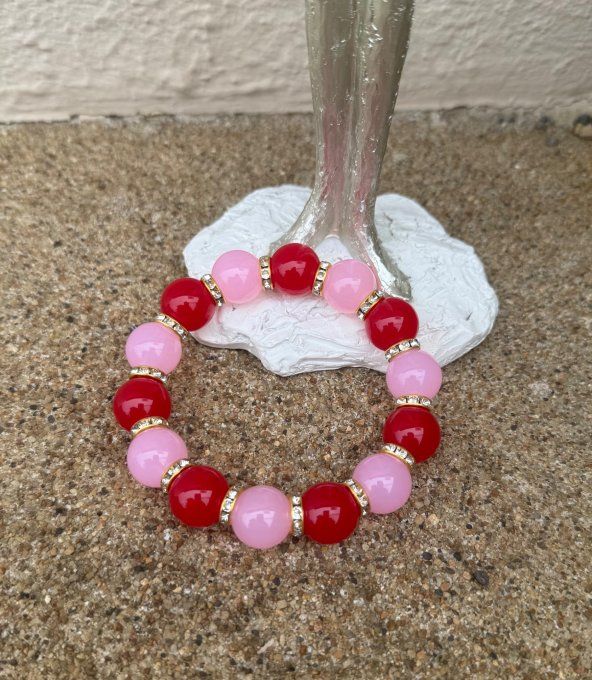Bracelet ARTISANAL UNIQUE extensible rose poudré et rouge apprêts strass dorés TOUTES TAILLES