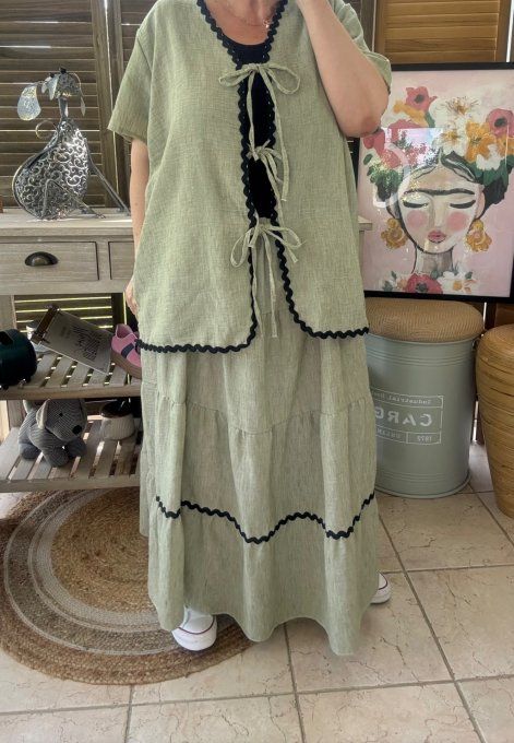 Ensemble kaki clair jupe longue ample + blouse effet lin croquet noir du 42 au 48/50