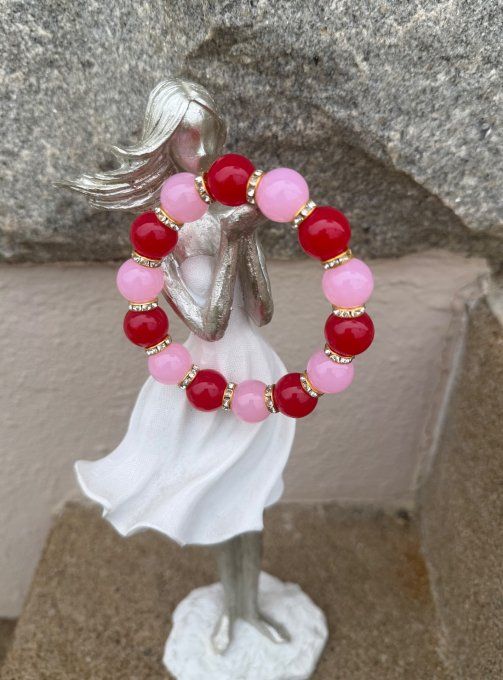 Bracelet ARTISANAL UNIQUE extensible rose poudré et rouge apprêts strass dorés TOUTES TAILLES