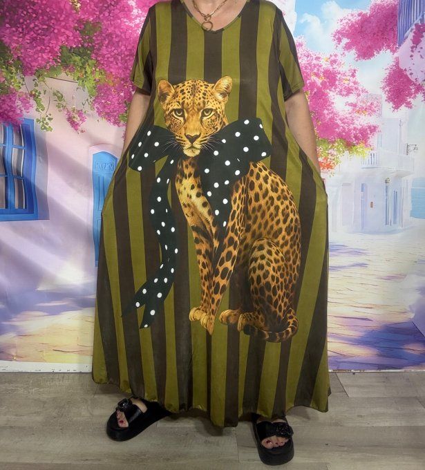 Robe longue trapèze rayée Olive et chocolat Le Tigre au noeud à pois du 40 au 52 